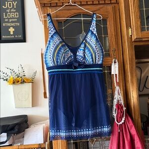 Blue Patterned Sheer Skirted Swim Suit